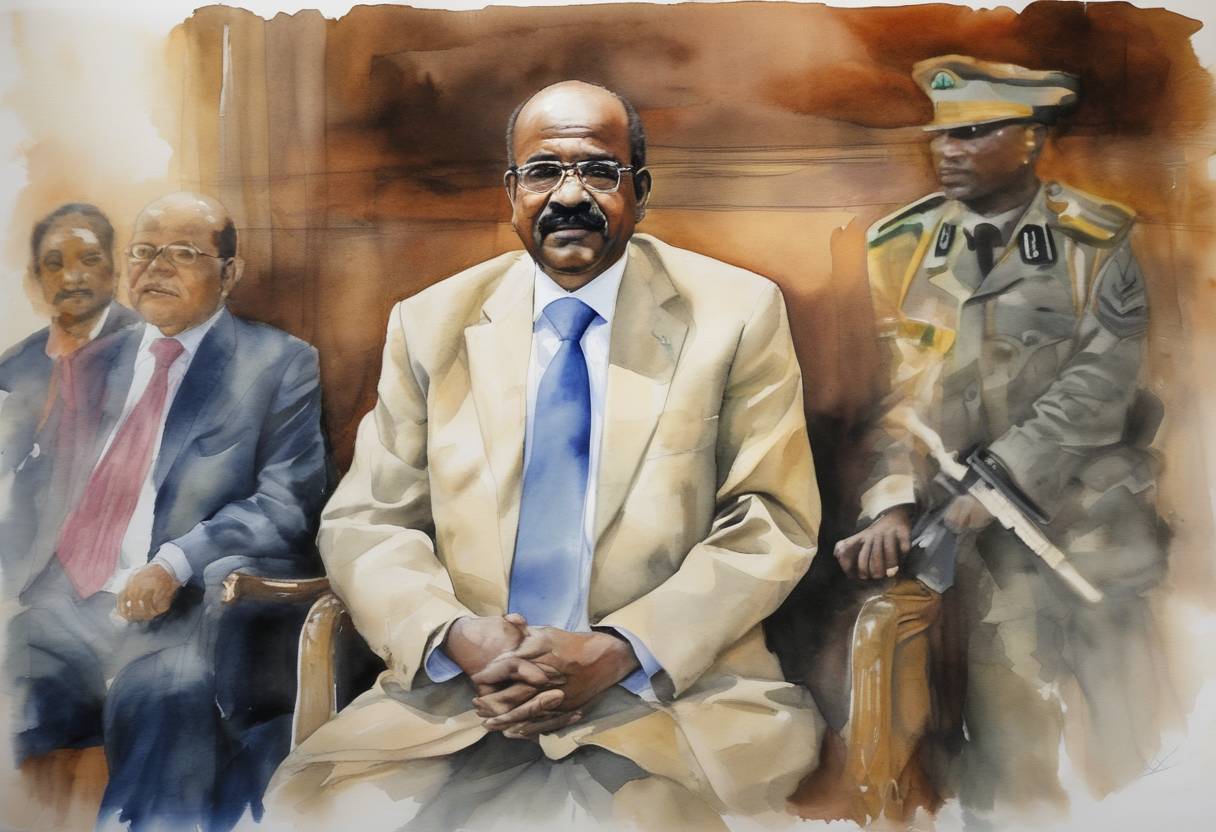 Watercolor painting based depiction of The International Criminal Court issued a second arrest warrant for Sudanese President Omar al-Bashir, adding genocide to the charges against him. (2010)