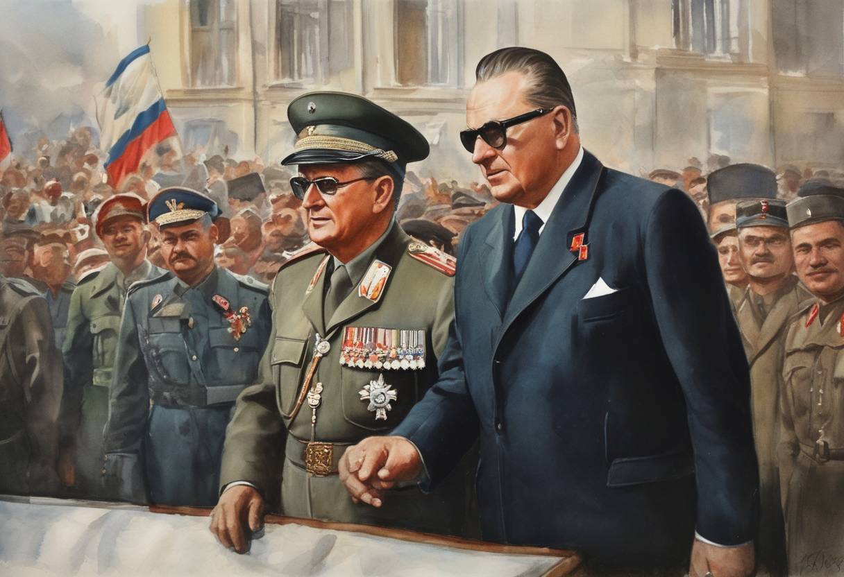 Watercolor painting based depiction of Marshal Josip Broz Tito is elected President of Yugoslavia, marking a significant turn in the political landscape of the country as he moved towards establishing a unique socialist state independent of Soviet influence. (1953)
