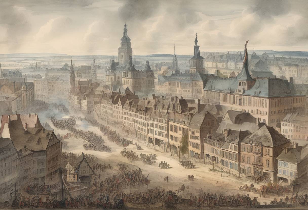 Watercolor painting based depiction of The French Revolutionary Wars saw the city of Mainz surrendered to Prussian and Austrian forces after a prolonged siege. This marked a significant moment in the conflict as the French Revolutionary Army faced setbacks. (1793)