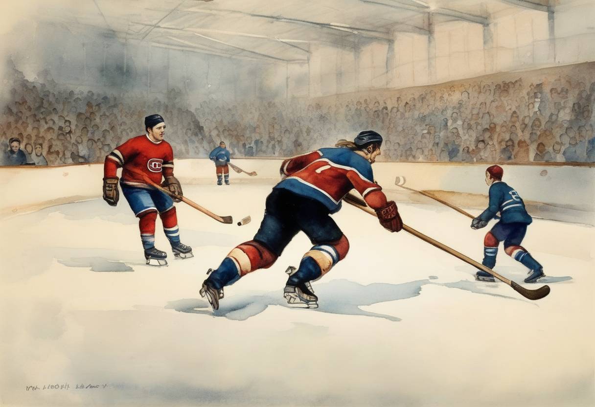 Watercolor painting based depiction of Modern hockey is born with the first organized indoor game played at the Victoria Skating Rink in Montreal, Canada. (1886)