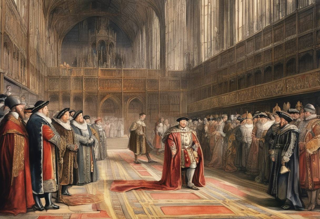 Watercolor painting based depiction of The Parliament of England passes the Act of Supremacy, establishing King Henry VIII as the Supreme Head of the Church of England. (1535)