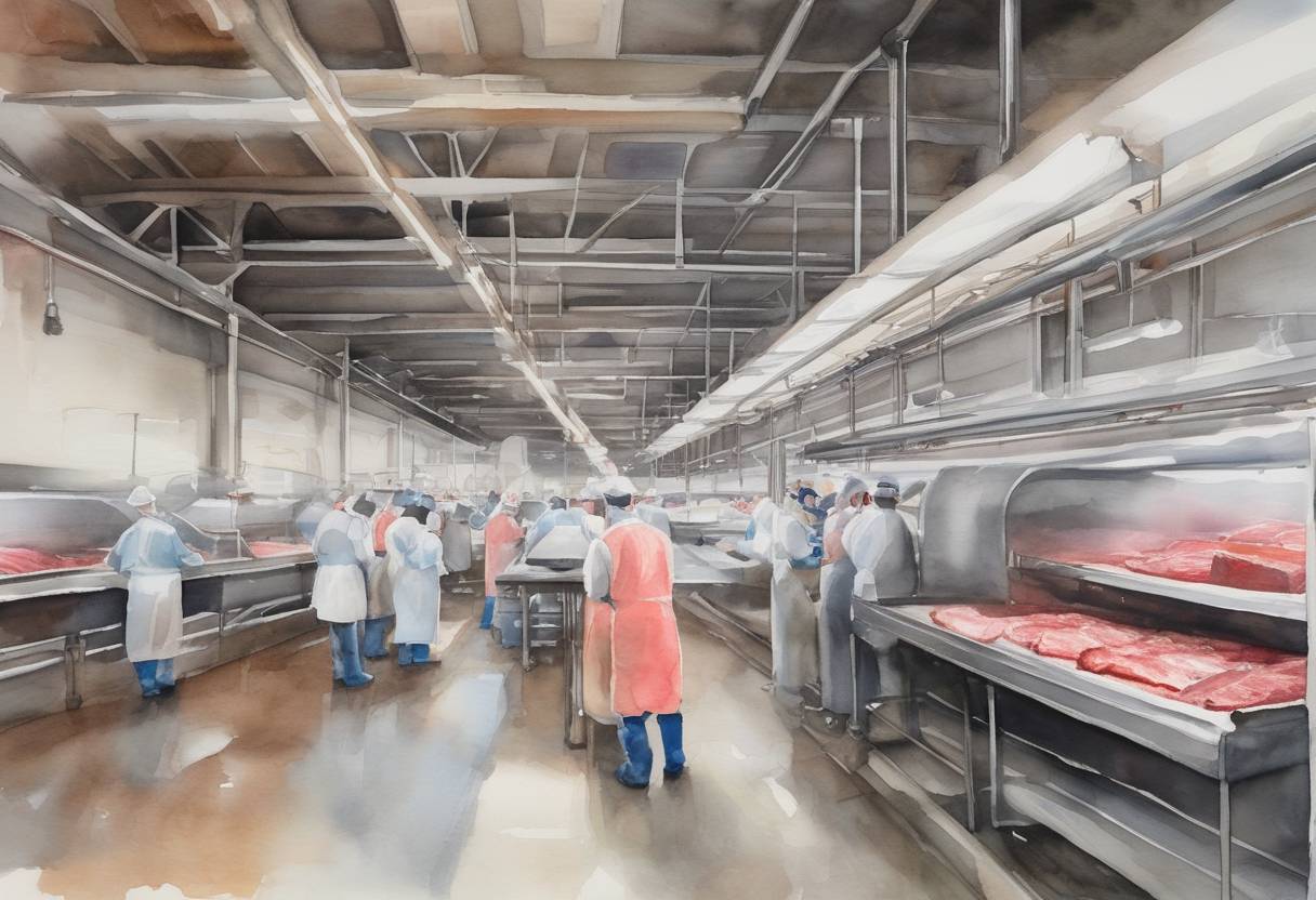 Watercolor painting based depiction of JBS USA, a major meat processing company, announced it had fully restored meat production capabilities following a cyberattack that disrupted operations. The company, a subsidiary of the world's largest meat processing firm, JBS S.A., had been forced to shut down all of its U.S. beef plants, which represent nearly a quarter of American supplies. This incident highlighted the growing threat of cyberattacks on critical infrastructure. (2021)