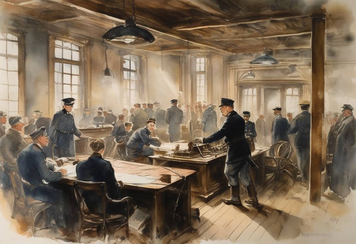 Watercolor painting based depiction of The Western Union Cable Office received an uncoded cable from Germany requesting a ceasefire to negotiate an armistice during World War I. This request set in motion the events leading to the signing of the Armistice on November 11, 1918, effectively ending the fighting on the Western Front. (1918)