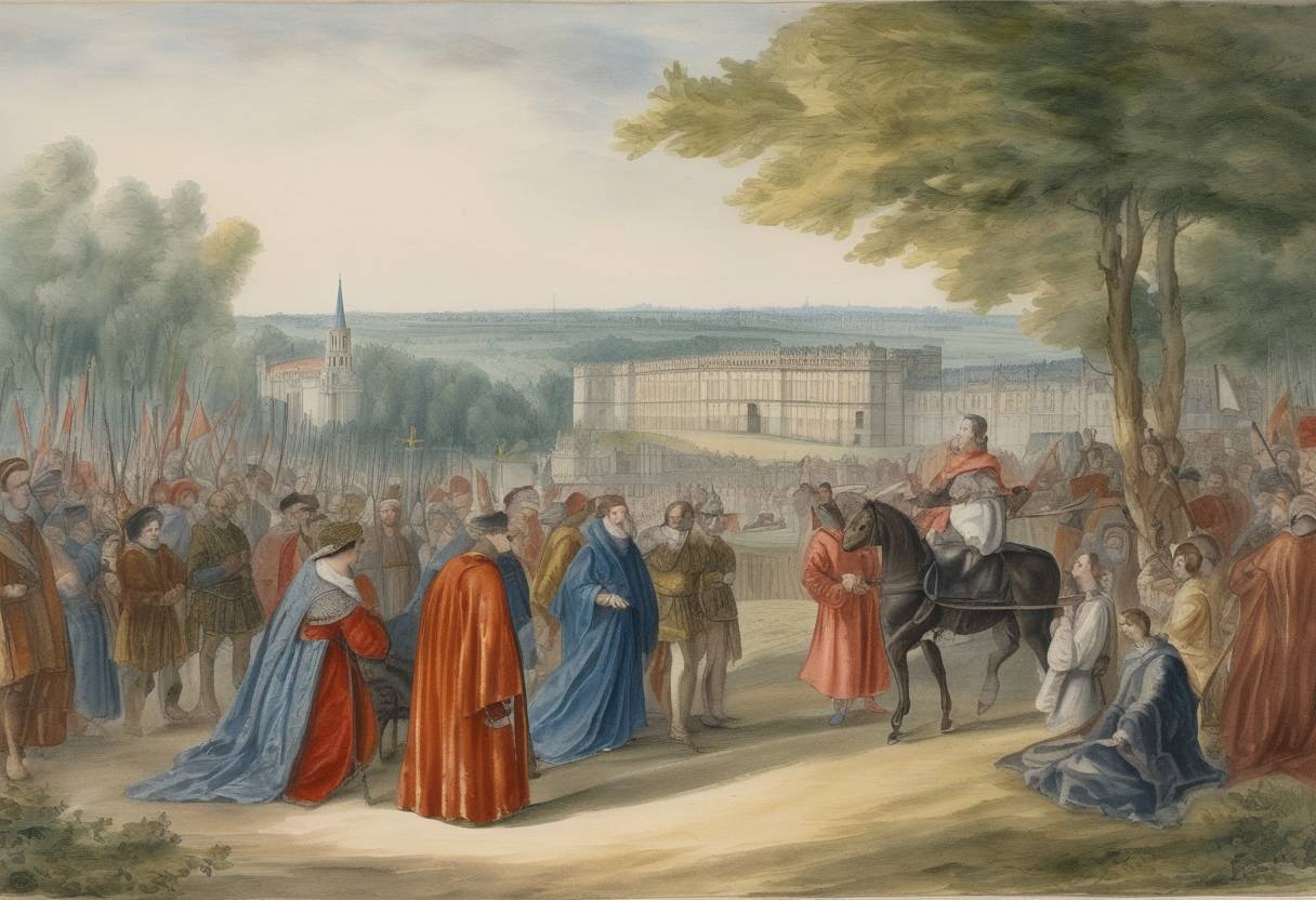 Watercolor painting based depiction of During the Wars of Religion in France, King Henry III of France is assassinated by a monk named Jacques Clément. (1589)