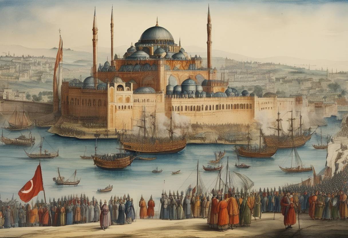 Watercolor painting based depiction of The Treaty of Constantinople was signed between the Ottoman Empire and the Habsburg Monarchy, ending the Long Turkish War. (1590)