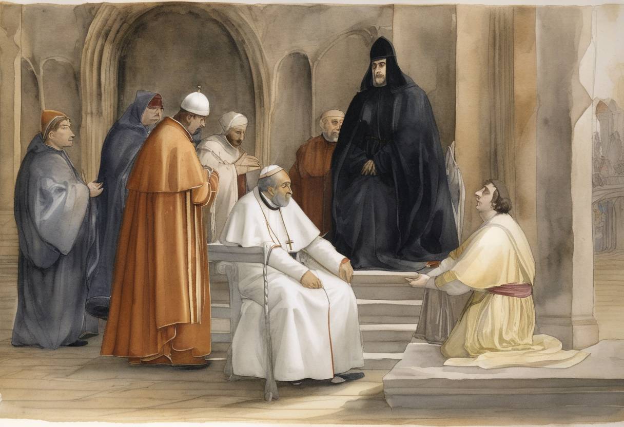 Watercolor painting based depiction of After the death of his predecessor, Pope Alexander VI issues a papal bull that excommunicates Girolamo Savonarola, an Italian Dominican friar and preacher active in Renaissance Florence, known for his prophecies of civic glory and calls for Christian renewal. (1497)