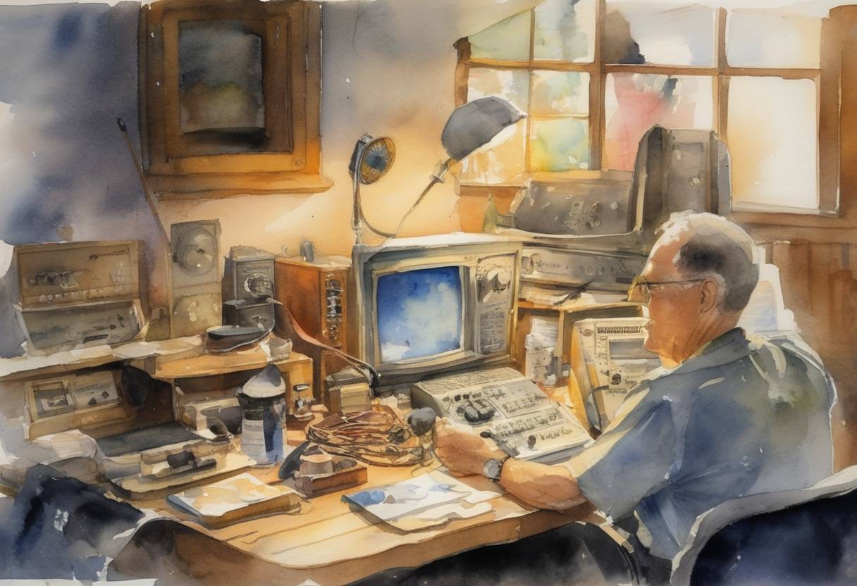 Watercolor painting based depiction of The American Radio Relay League hosts the ARRL National Centennial Convention to commemorate its 100th anniversary, celebrating amateur radio and its history. (2009)