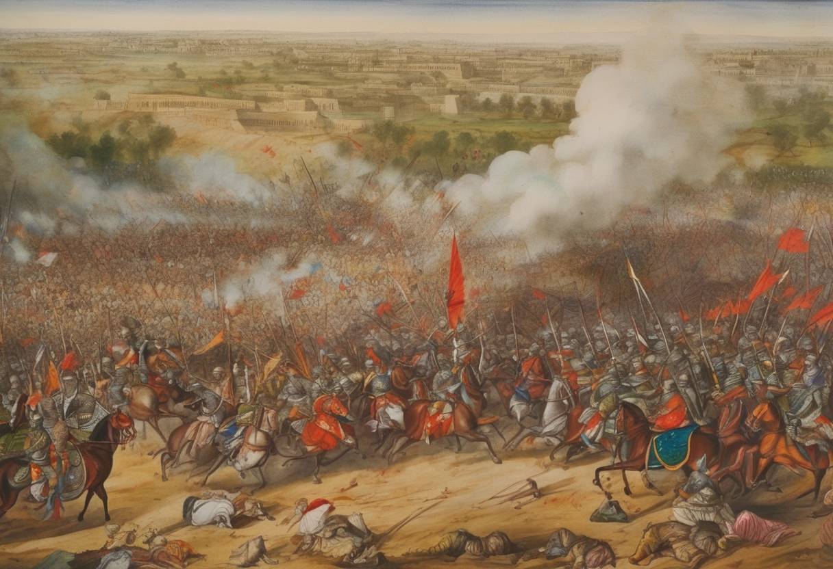 Watercolor painting based depiction of The Battle of Karnal takes place in India, resulting in a decisive victory for Nader Shah of Persia over the Mughal Emperor Muhammad Shah. (1711)