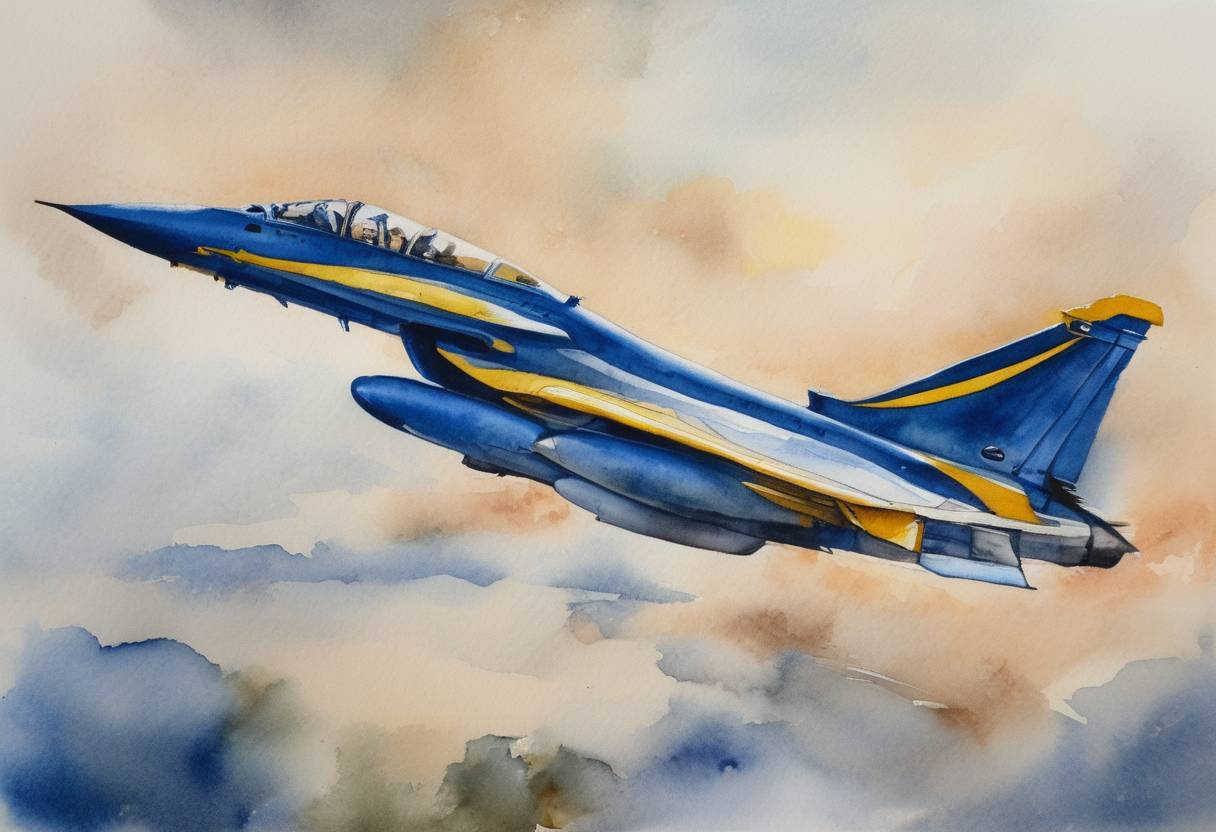 Watercolor painting based depiction of A Belarusian fighter jet forced a Ryanair flight to land in Minsk so that authorities could arrest dissident journalist Roman Protasevich and his companion Sofia Sapega. The incident prompted international outrage and was widely condemned as a case of state-sponsored hijacking. (2021)