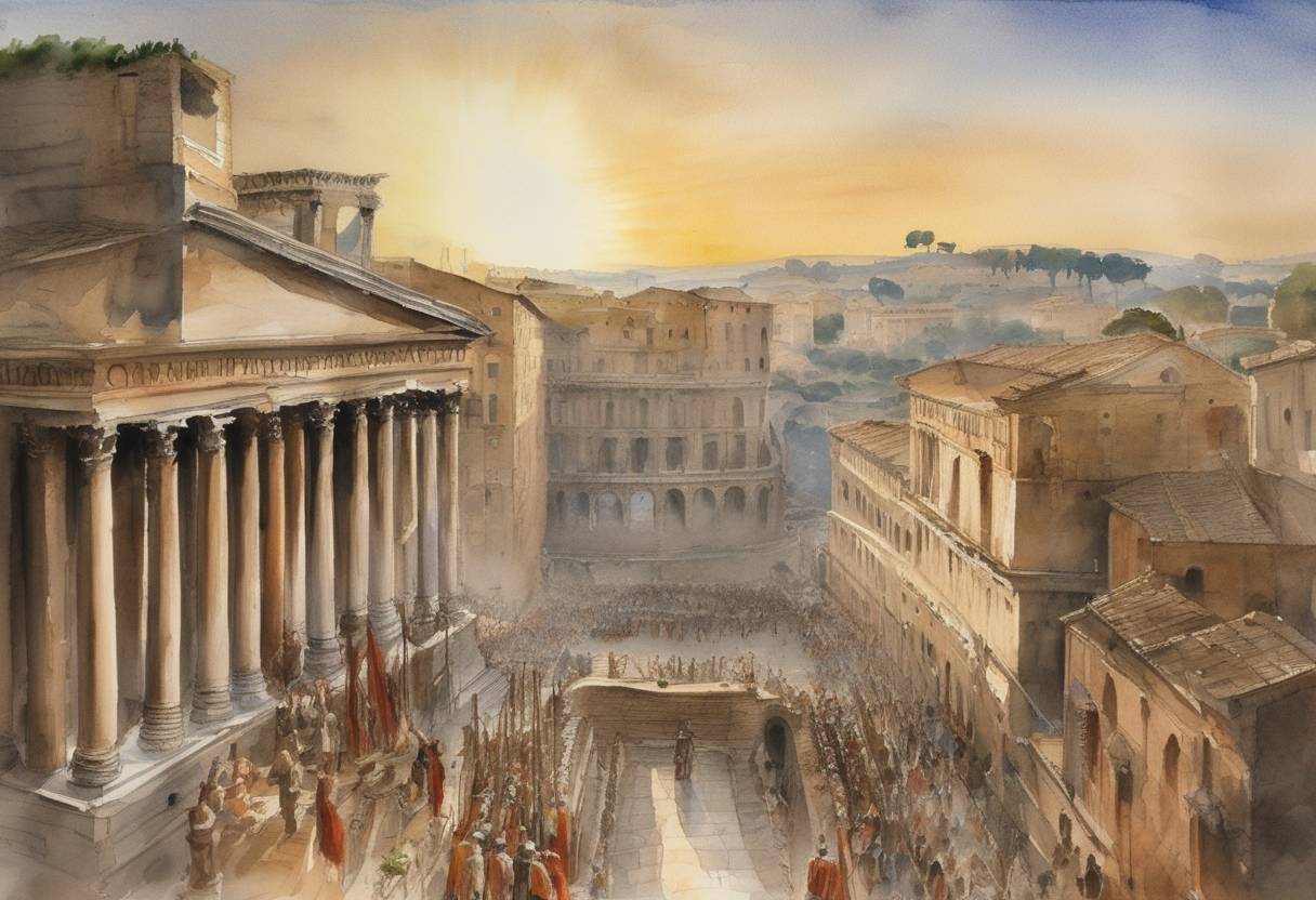 Watercolor painting based depiction of The Roman Emperor Aurelian declared December 25 to be celebrated as the birthday of Sol Invictus, the 'Unconquered Sun'. (274)