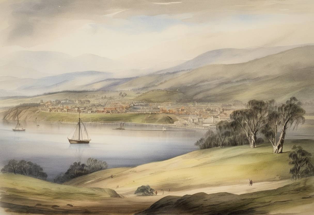 Watercolor painting based depiction of Hobart was established as a penal colony. (1804)