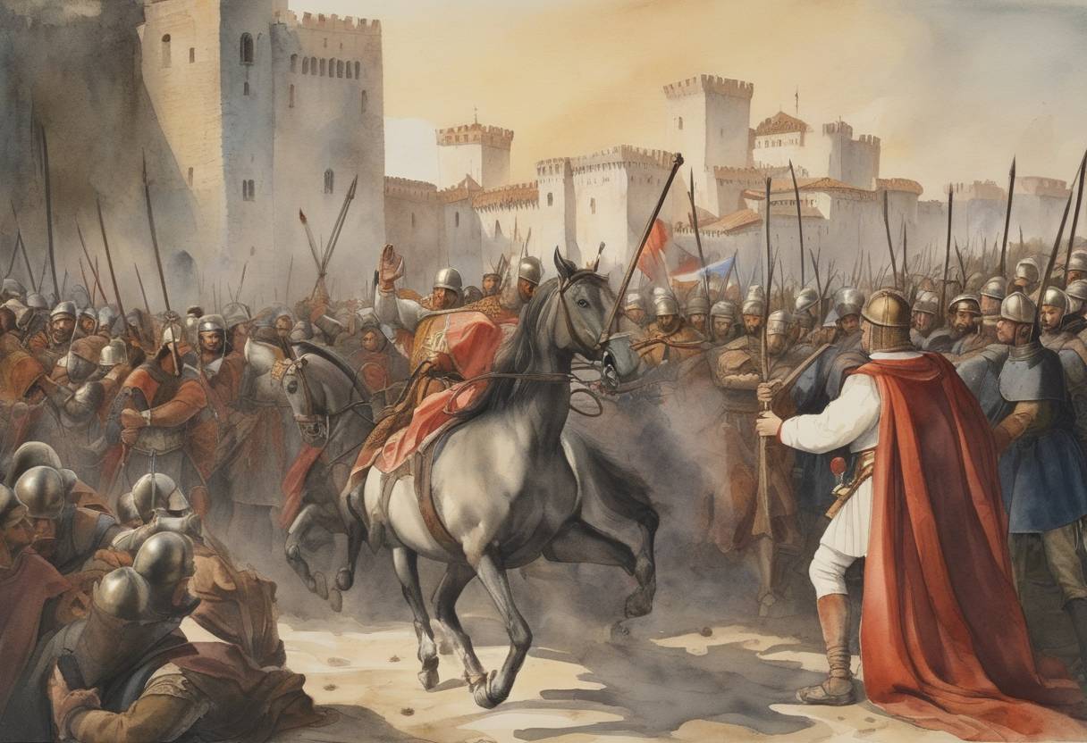 Watercolor painting based depiction of The Capture of the Pope, known as the Outrage of Anagni, took place when French forces, led by Guillaume de Nogaret, arrested Pope Boniface VIII in Anagni, Italy. (1303)