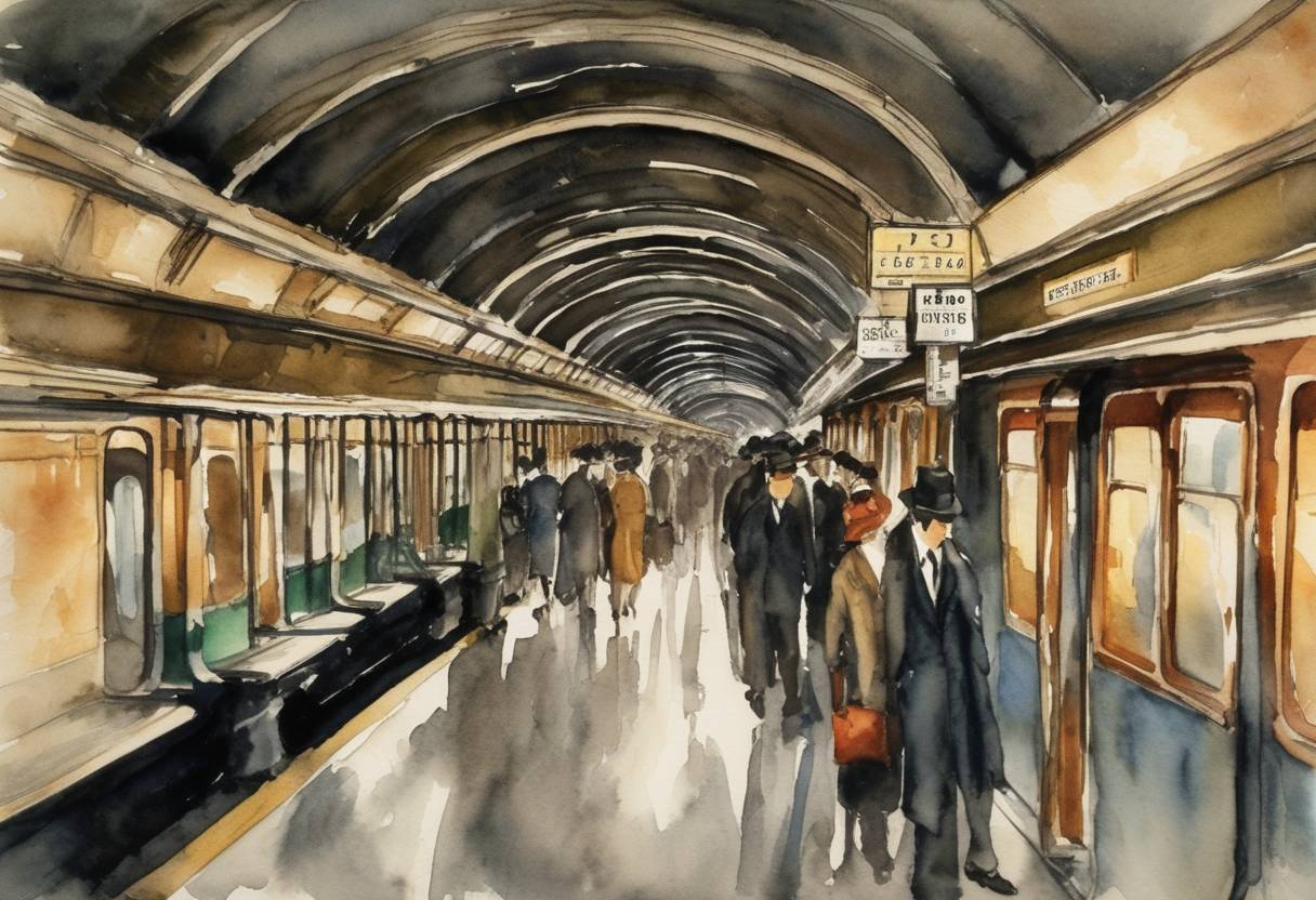 Watercolor painting based depiction of The Buenos Aires Metro, one of the oldest subway systems in the world, was inaugurated. (1930)