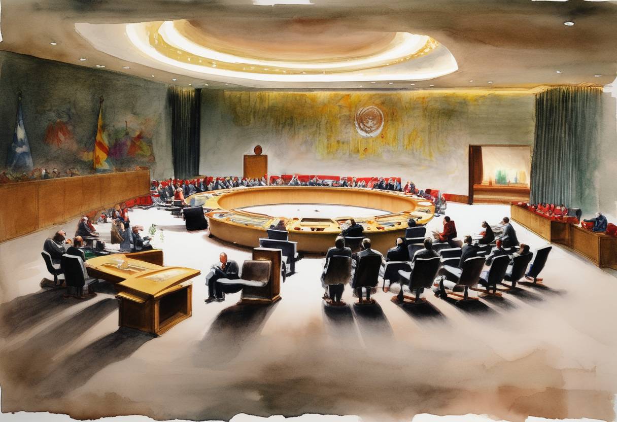 Watercolor painting based depiction of The UN Security Council unanimously adopts Resolution 2254, which outlines a plan for Syria’s peace process, including talks between the government and opposition, a nationwide ceasefire, and a timeline for elections within 18 months. The resolution attempts to address the devastating Syrian Civil War. (2015)