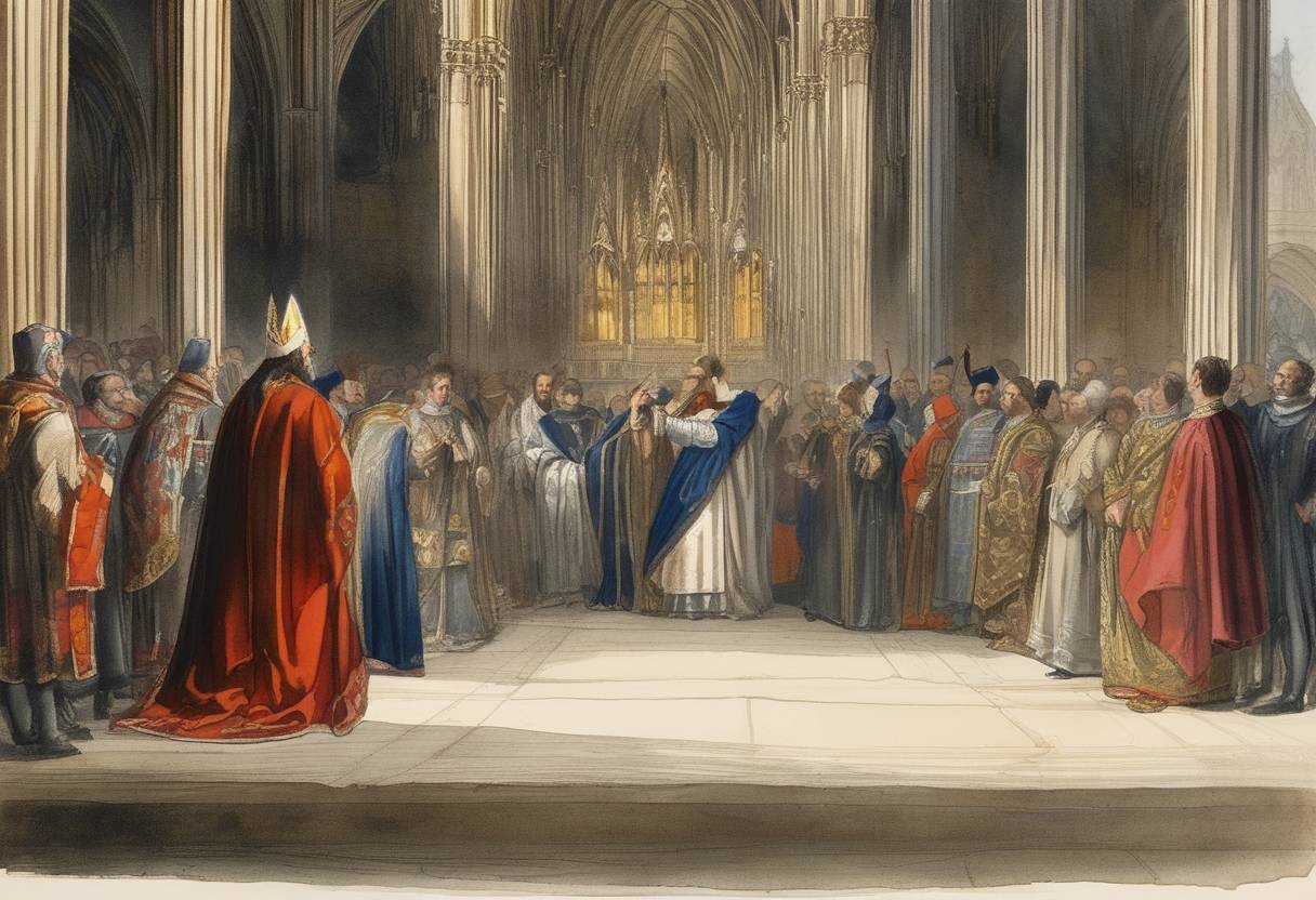 Watercolor painting based depiction of After the assassination of his predecessor, Amalric of Nesle, Guillaume aux Blanches Mains is elected Archbishop of Reims. (1171)