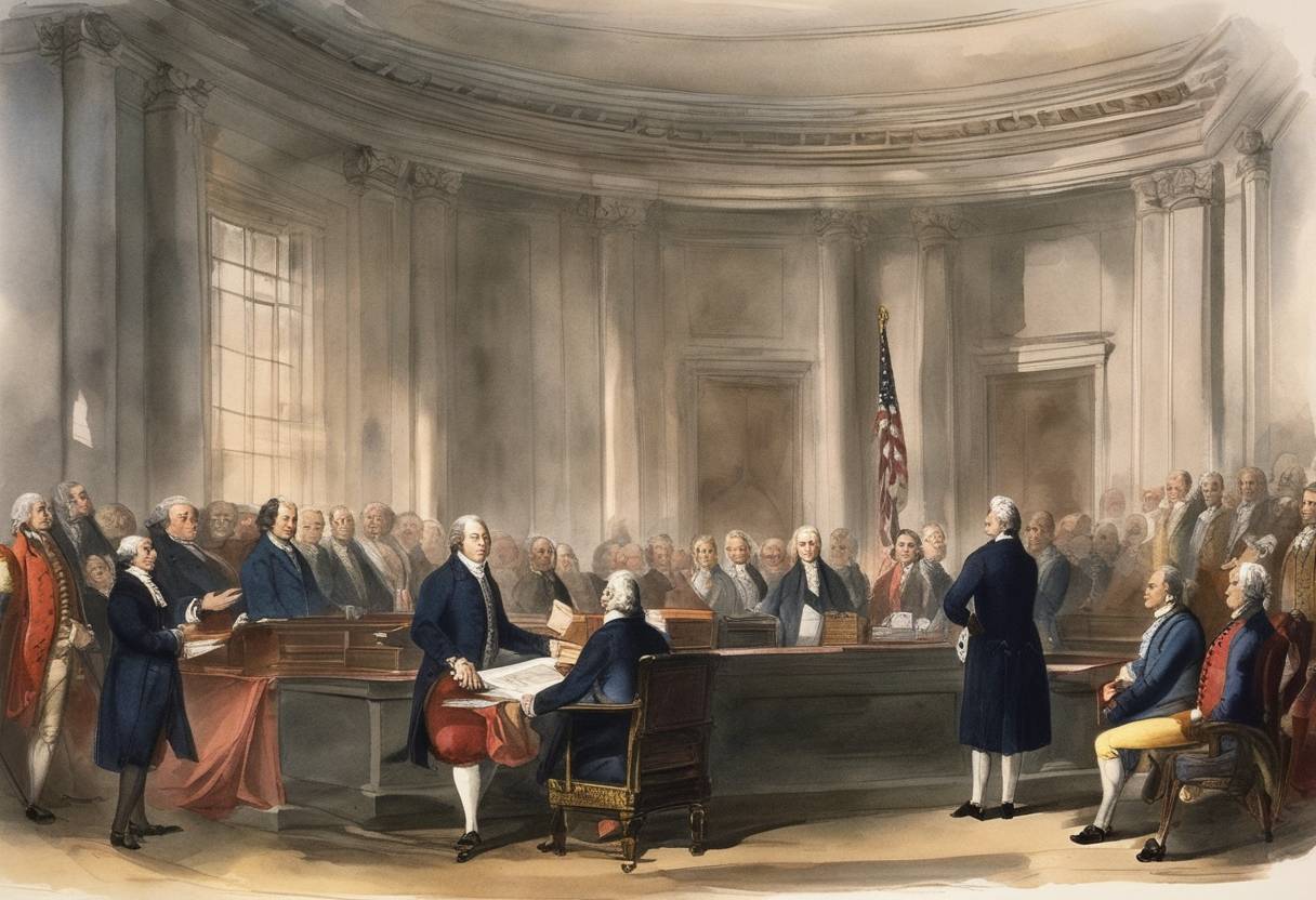 Watercolor painting based depiction of John Jay was sworn in as the first Chief Justice of the United States. (1789)