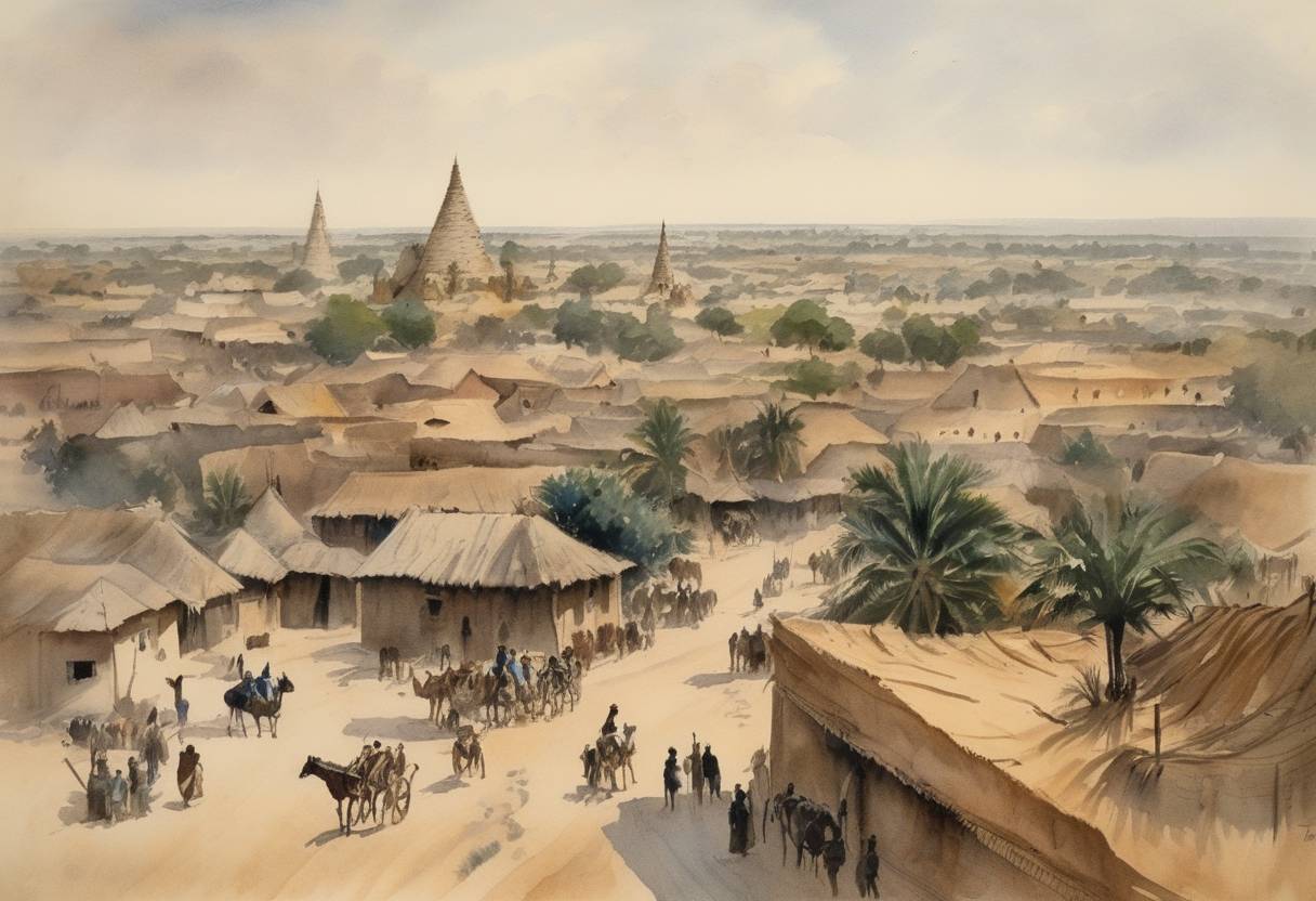 Watercolor painting based depiction of The French captured the West African city of Ouagadougou in the Franco-Dahomean War. (1897)