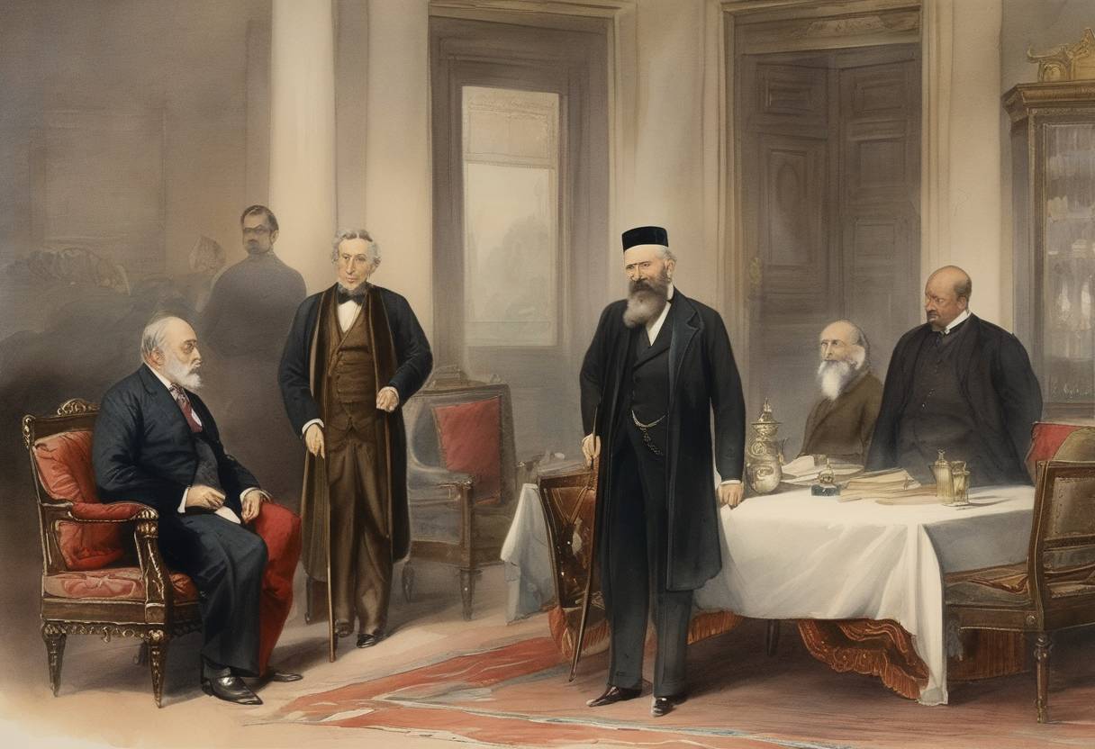 Watercolor painting based depiction of The United States formalized diplomatic relations with the Ottoman Empire by appointing Oscar S. Straus as the first Jewish U.S. Ambassador to the Ottoman Empire. (1890)