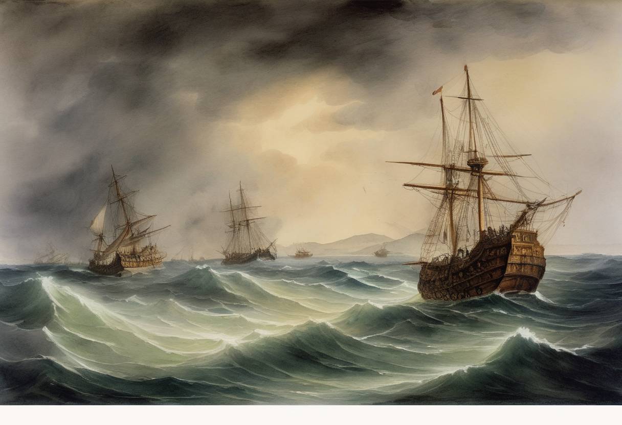 Watercolor painting based depiction of A fleet of 5 Spanish galleys was caught in a storm and wrecked in the Strait of Gibraltar. This represents a significant loss for Spanish naval interests at the time. (1591)