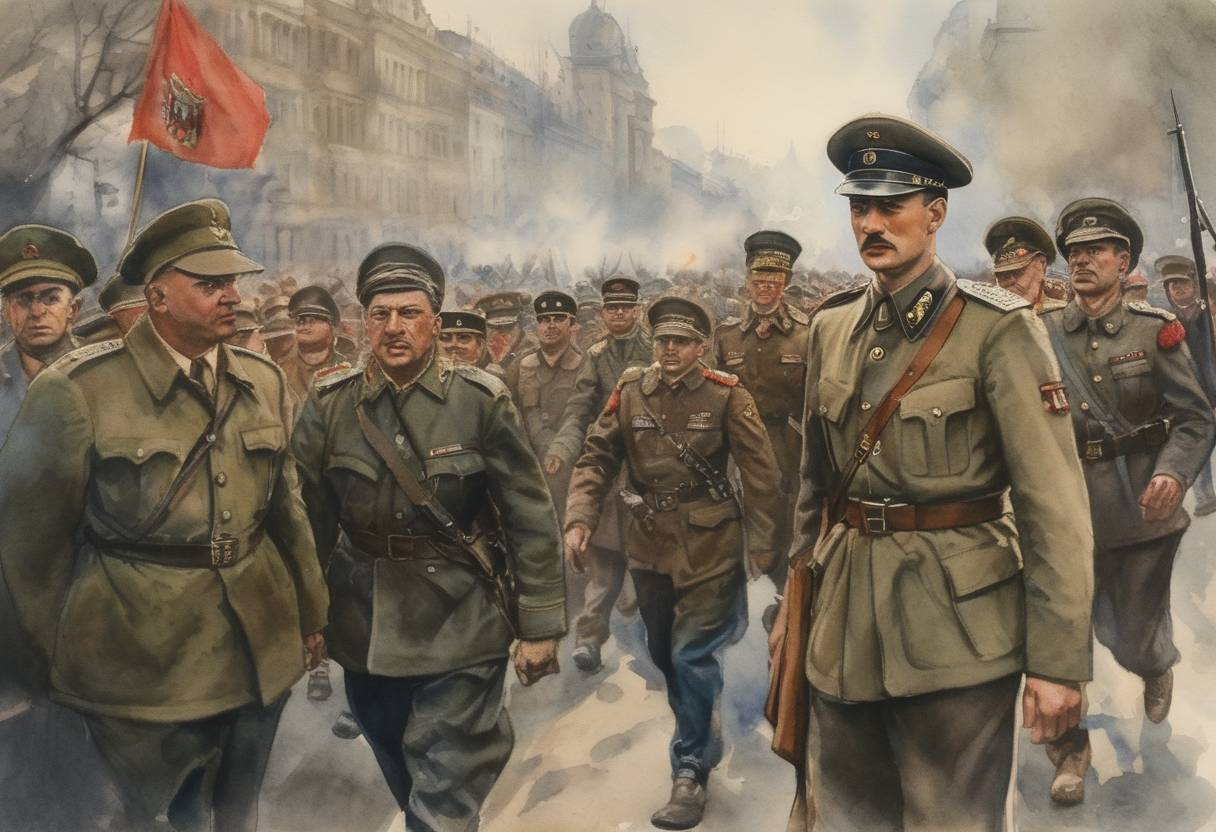 Watercolor painting based depiction of Romanian King Michael leads a successful coup to topple the pro-Nazi government, switching sides in World War II to join the Allies. (1944)