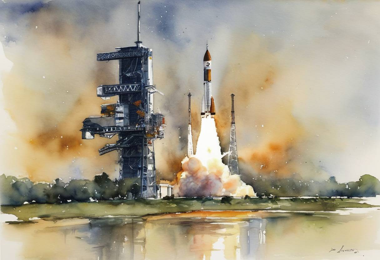 Watercolor painting based depiction of The Indian space agency ISRO successfully launches the 100th mission of its space program from Satish Dhawan Space Centre, Sriharikota, carrying the French satellite SPOT-6. (2012)