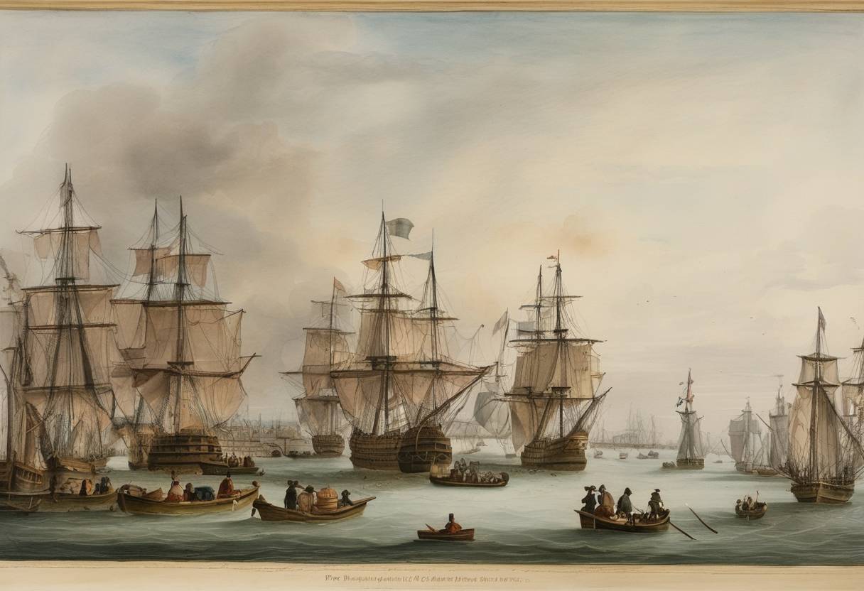 Watercolor painting based depiction of New Amsterdam was formally surrendered by the Dutch to the English, and it was renamed New York in honor of the Duke of York, who would later become King James II of England. (1664)