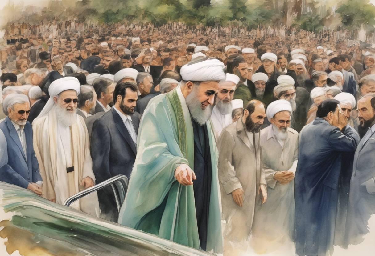 Watercolor painting based depiction of Ayatollah Khomeini returns to Iran after 15 years in exile, marking the beginning of the Iranian Revolution. (1979)