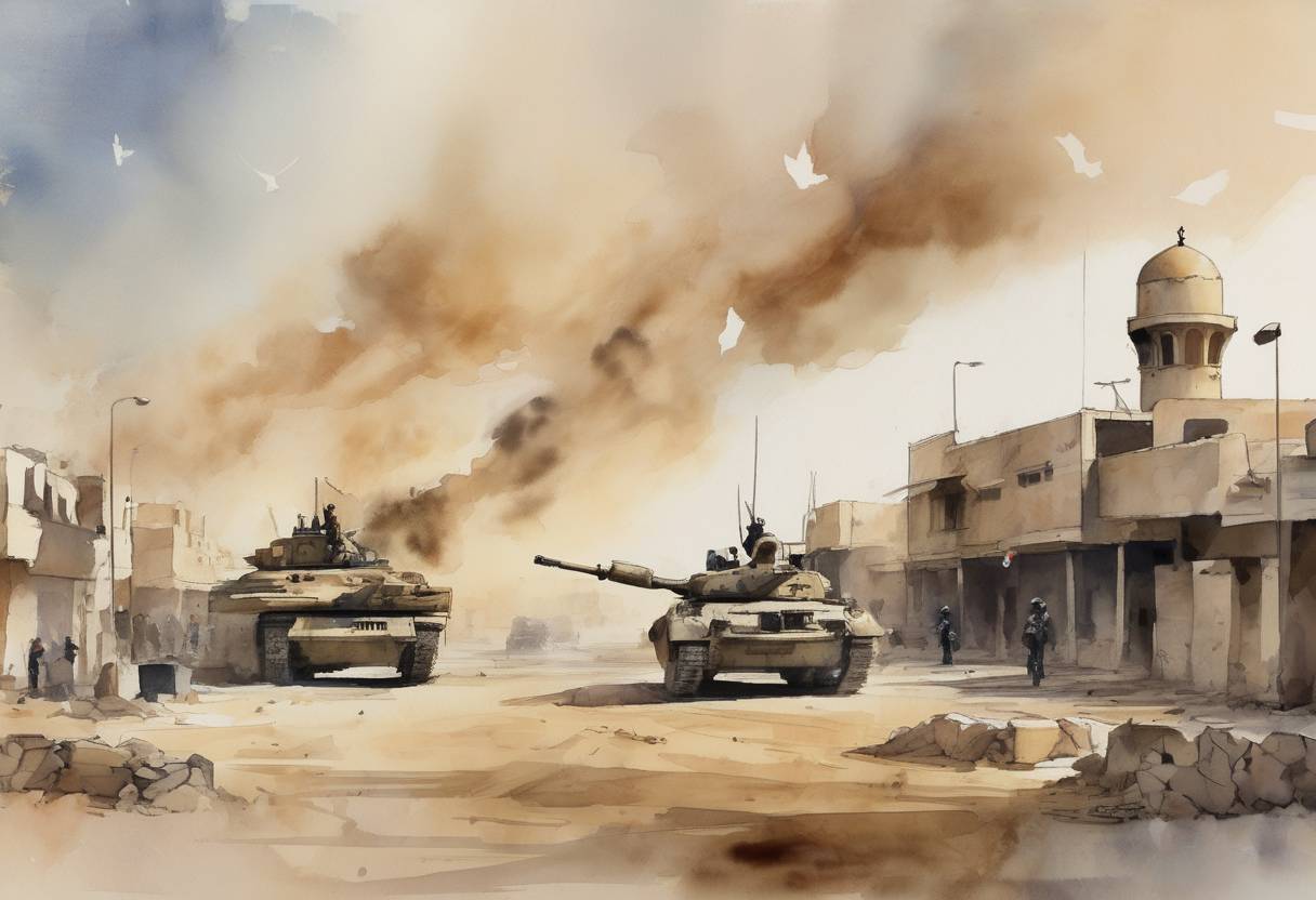 Watercolor painting based depiction of The Islamic State of Iraq and the Levant (ISIL) seized the Syrian military base known as Division 17 in Raqqa, Syria, as part of its campaign to establish a caliphate in the region. (2014)