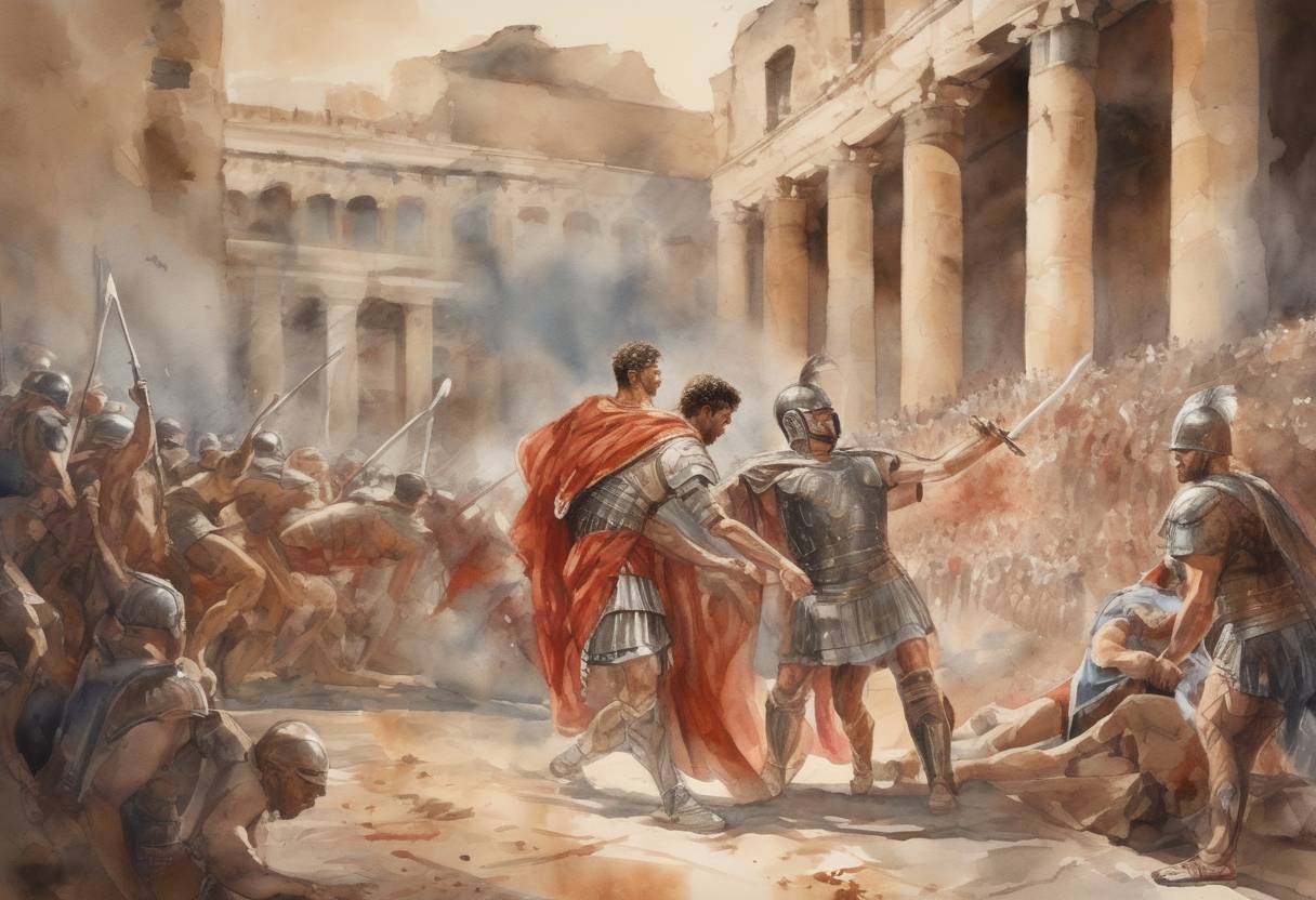 Watercolor painting based depiction of The Roman Emperor Caracalla is assassinated by a soldier named Justin Martialis, under the orders of Macrinus, who then becomes emperor. (217)