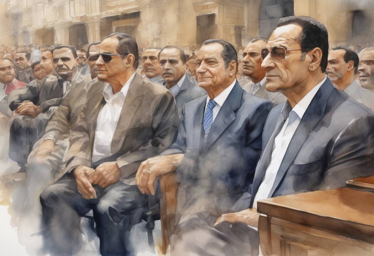 Watercolor painting based depiction of The trial of former Egyptian President Hosni Mubarak began, marking a significant moment in Egypt's post-revolutionary period following the Arab Spring. (2012)