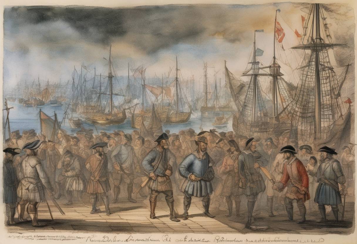 Watercolor painting based depiction of Dutch explorer Peter Minuit arrived in New Netherland (present-day New York) to become the director-general of the colony. (1626)