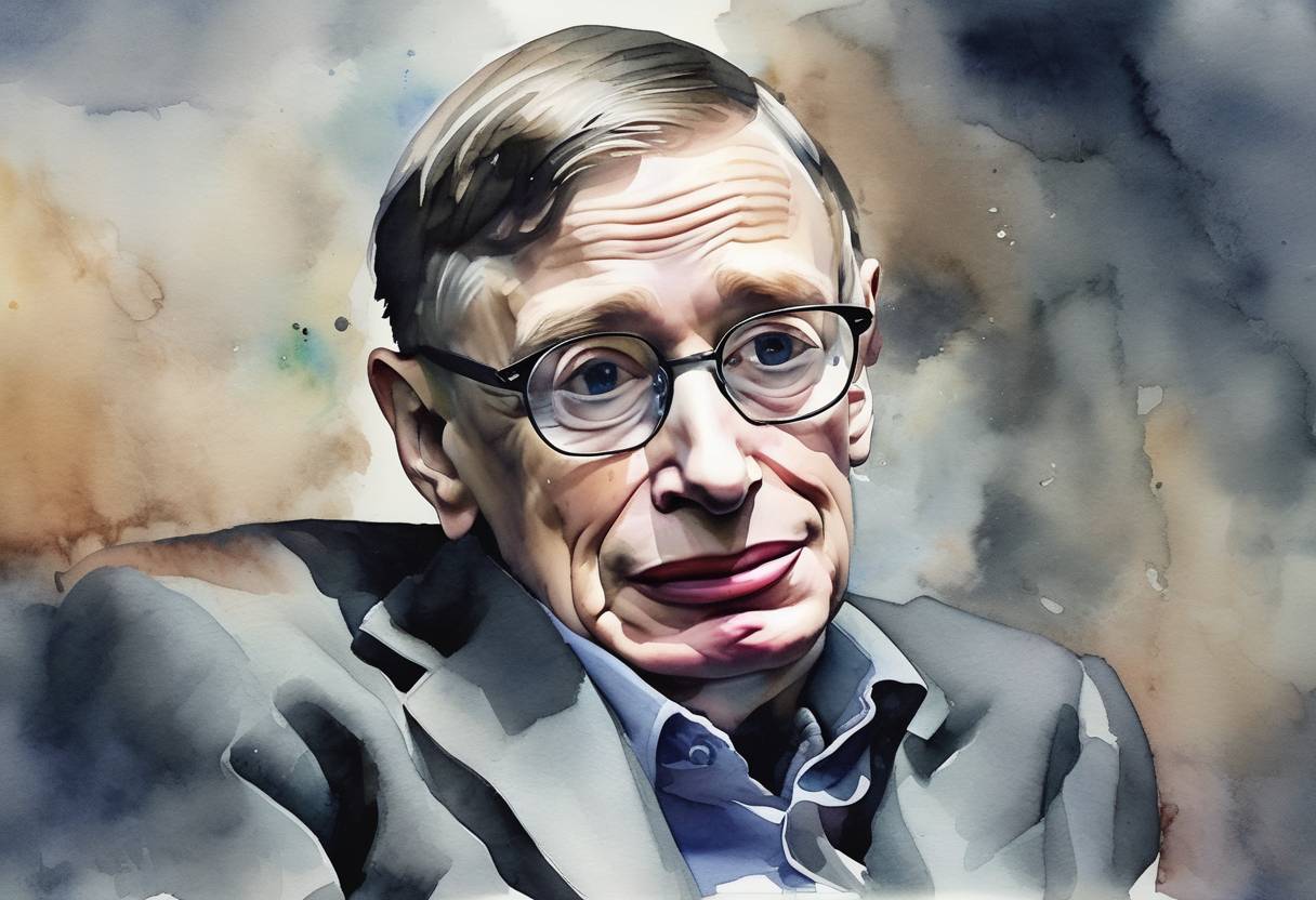 Watercolor painting based depiction of Renowned theoretical physicist Stephen Hawking passed away at the age of 76 in Cambridge, England. He was known for his work on black holes and his popular science books. (2018)