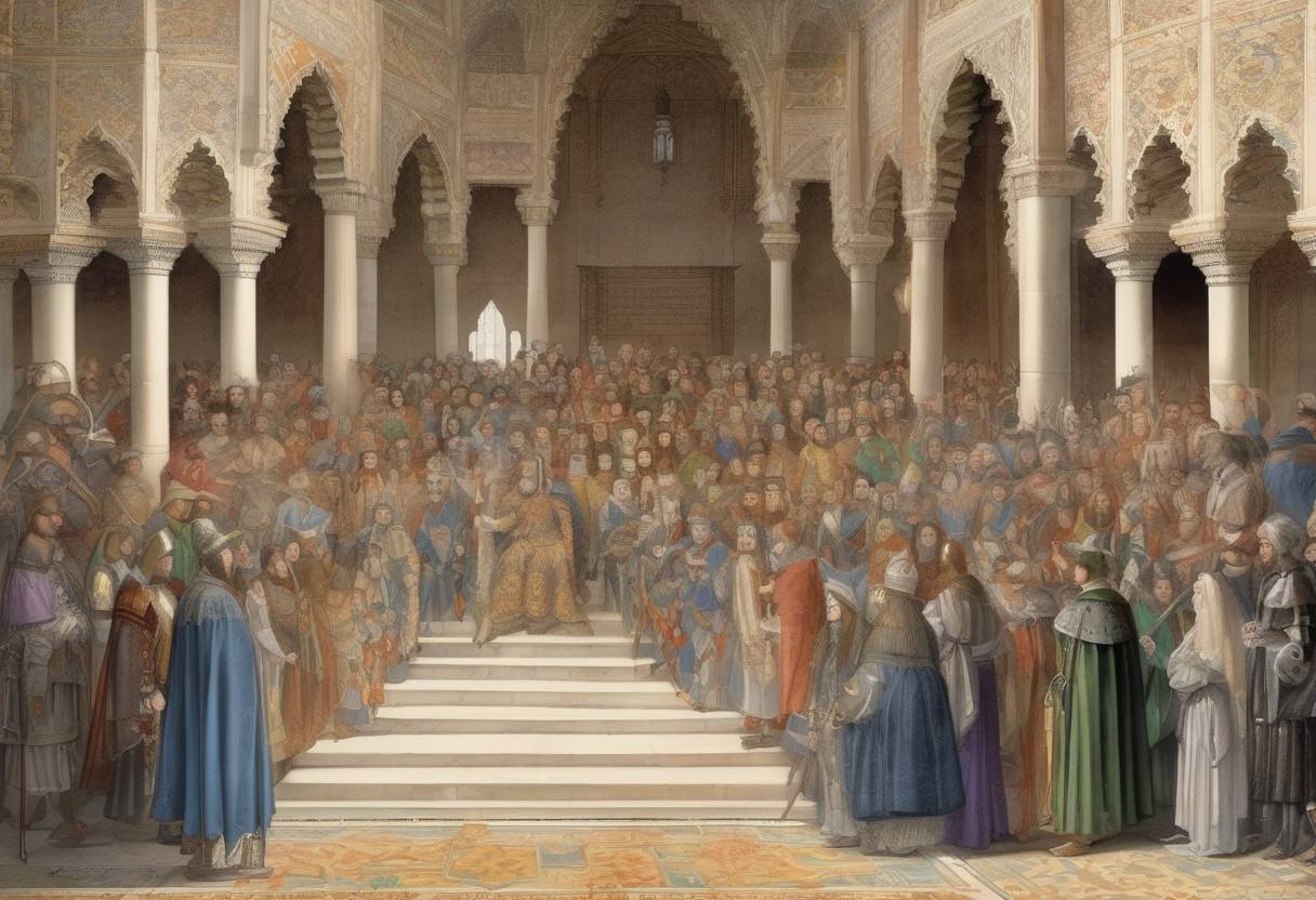 Watercolor painting based depiction of The Alhambra Decree was issued by the Catholic Monarchs of Spain, Ferdinand II of Aragon and Isabella I of Castile, ordering the expulsion of practicing Jews from the Kingdoms of Castile and Aragon and its territories by July 31, 1492. (1492)