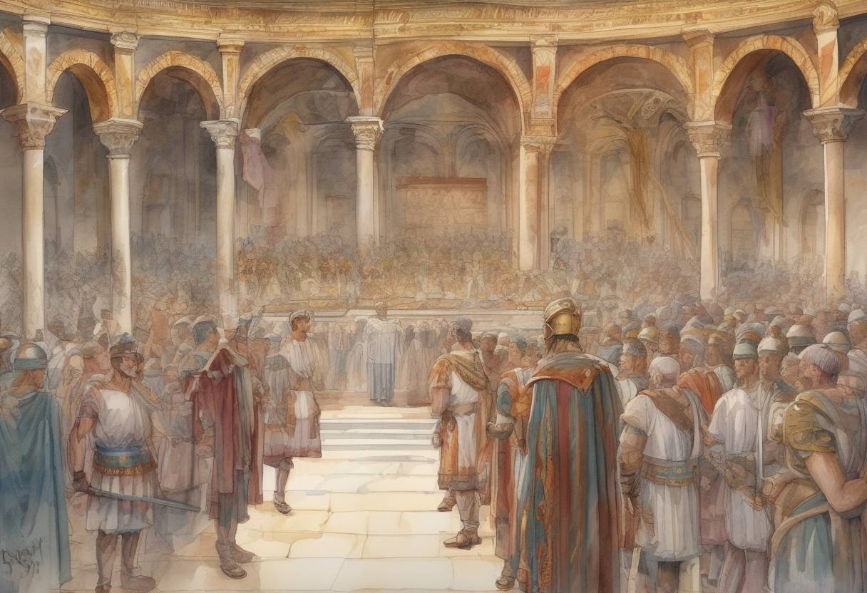 Watercolor painting based depiction of Gundobad, a prominent Roman general of the Western Roman Empire, proclaimed Glycerius as emperor in Ravenna. (473)