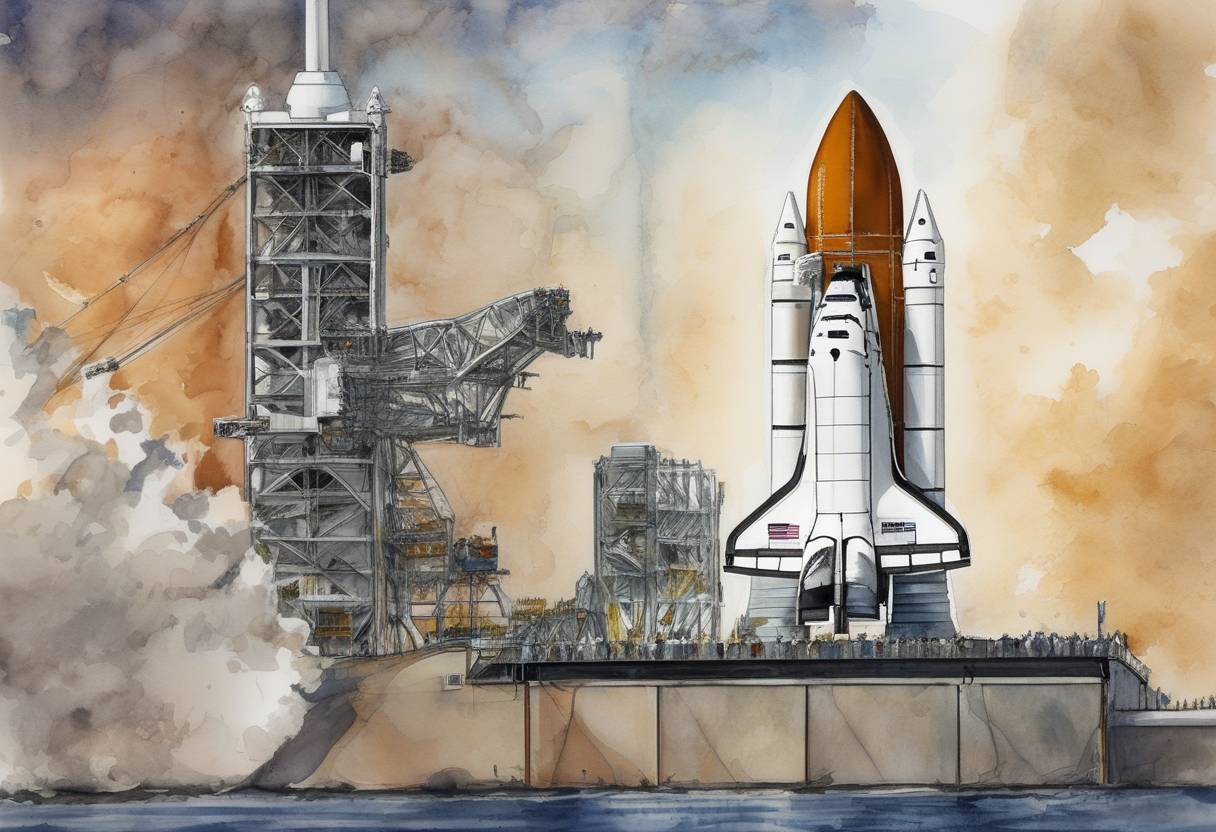 Watercolor painting based depiction of The final mission of NASA's Space Shuttle program, STS-135, was launched. The shuttle Atlantis carried a crew of four to the International Space Station, marking the end of the 30-year Space Shuttle program that began with the launch of Columbia in 1981. (2011)