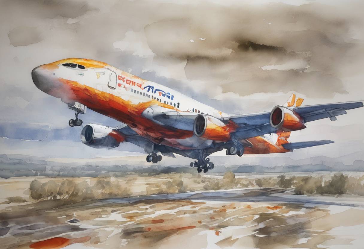 Watercolor painting based depiction of Spanair Flight 5022 crashed shortly after takeoff from Madrid-Barajas Airport, resulting in the deaths of 154 people. (2008)