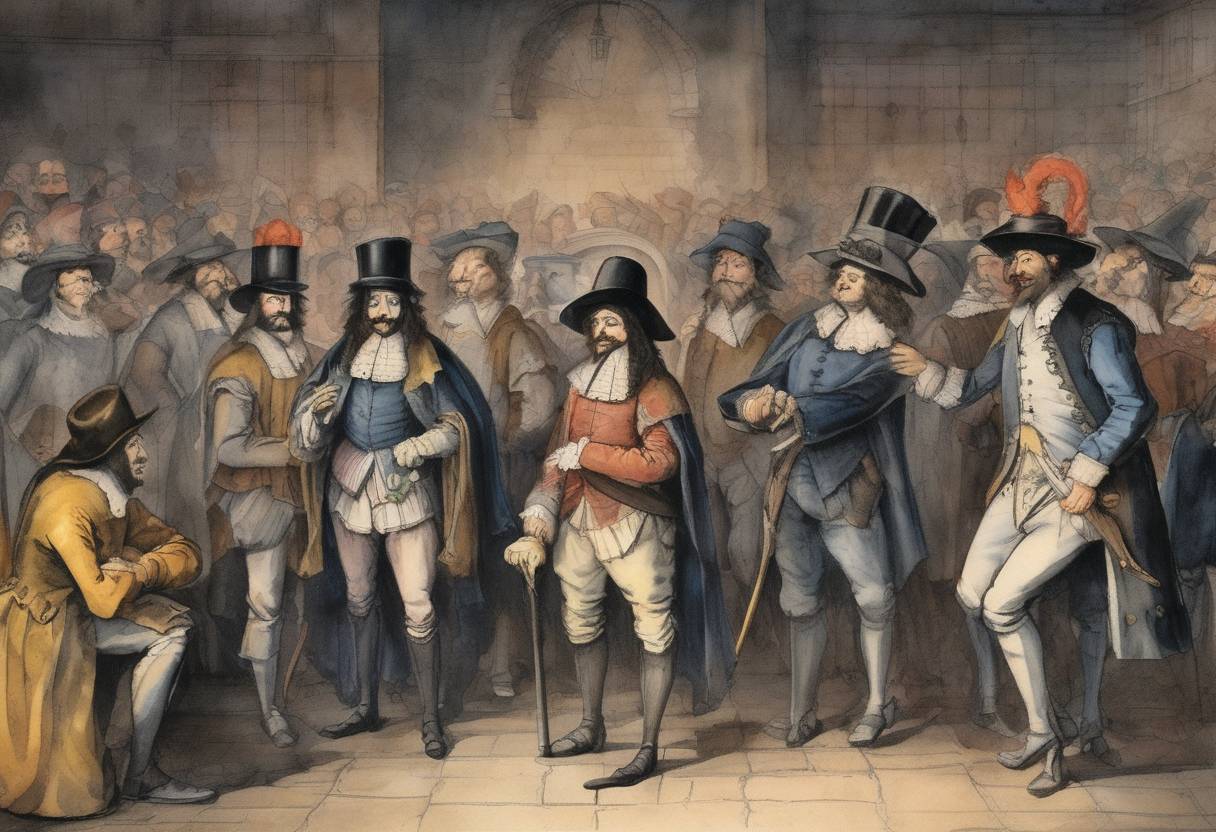 Watercolor painting based depiction of The trial of Guy Fawkes and other conspirators involved in the Gunpowder Plot begins in London. (1606)