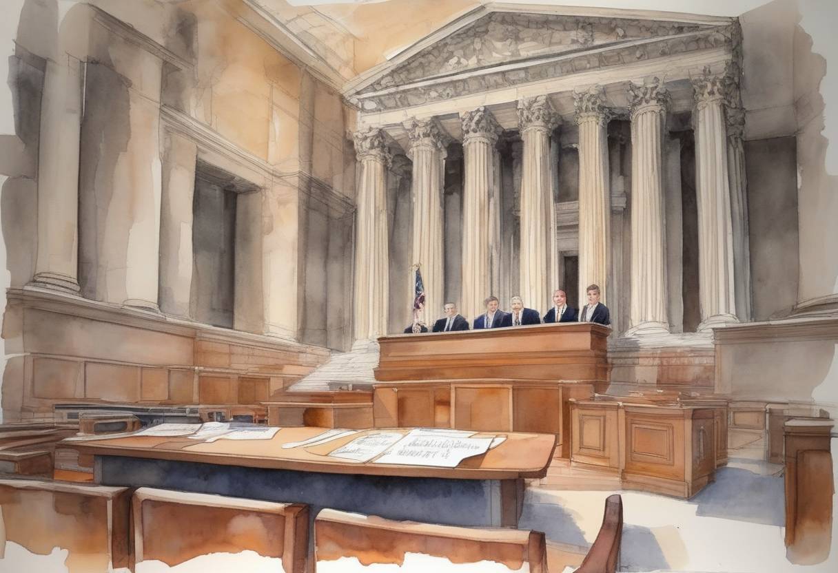 Watercolor painting based depiction of The Supreme Court of the United States upheld the conviction of Timothy McVeigh for the Oklahoma City bombing. (1999)