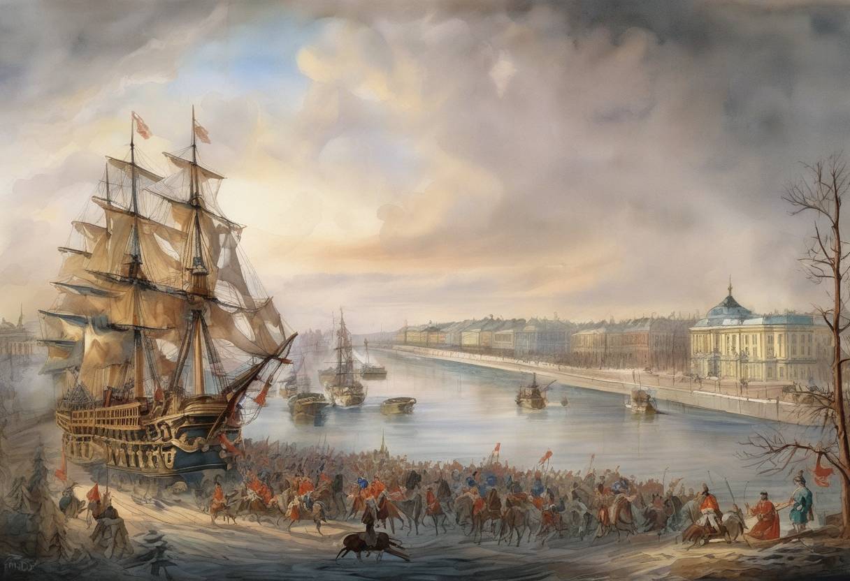Watercolor painting based depiction of Tsar Peter the Great founds the city of Saint Petersburg, which would later become the capital of Russia. (1703)