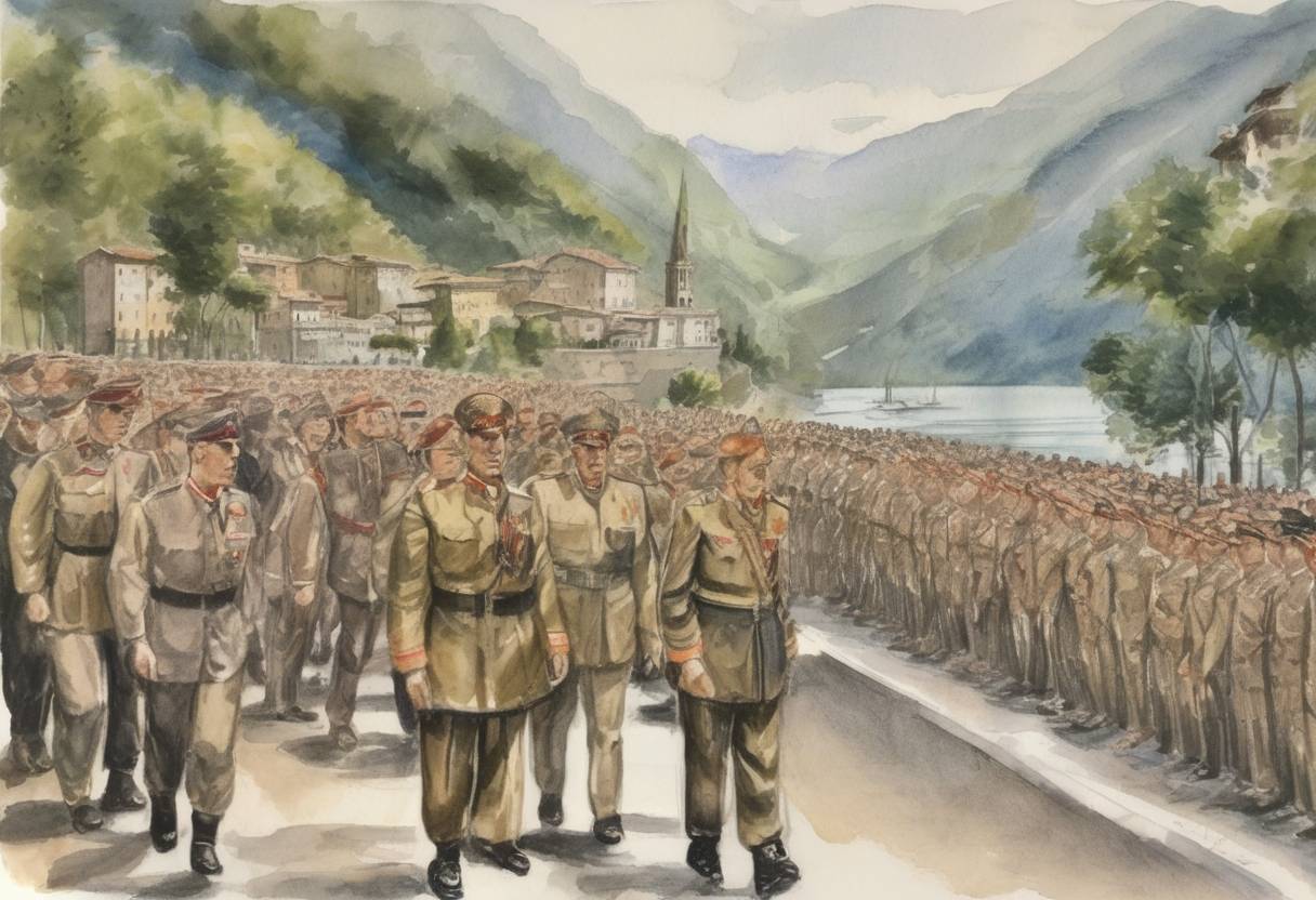 Watercolor painting based depiction of Benito Mussolini, the Italian dictator, was executed by Italian partisans near Lake Como, marking the end of his fascist regime. (1945)