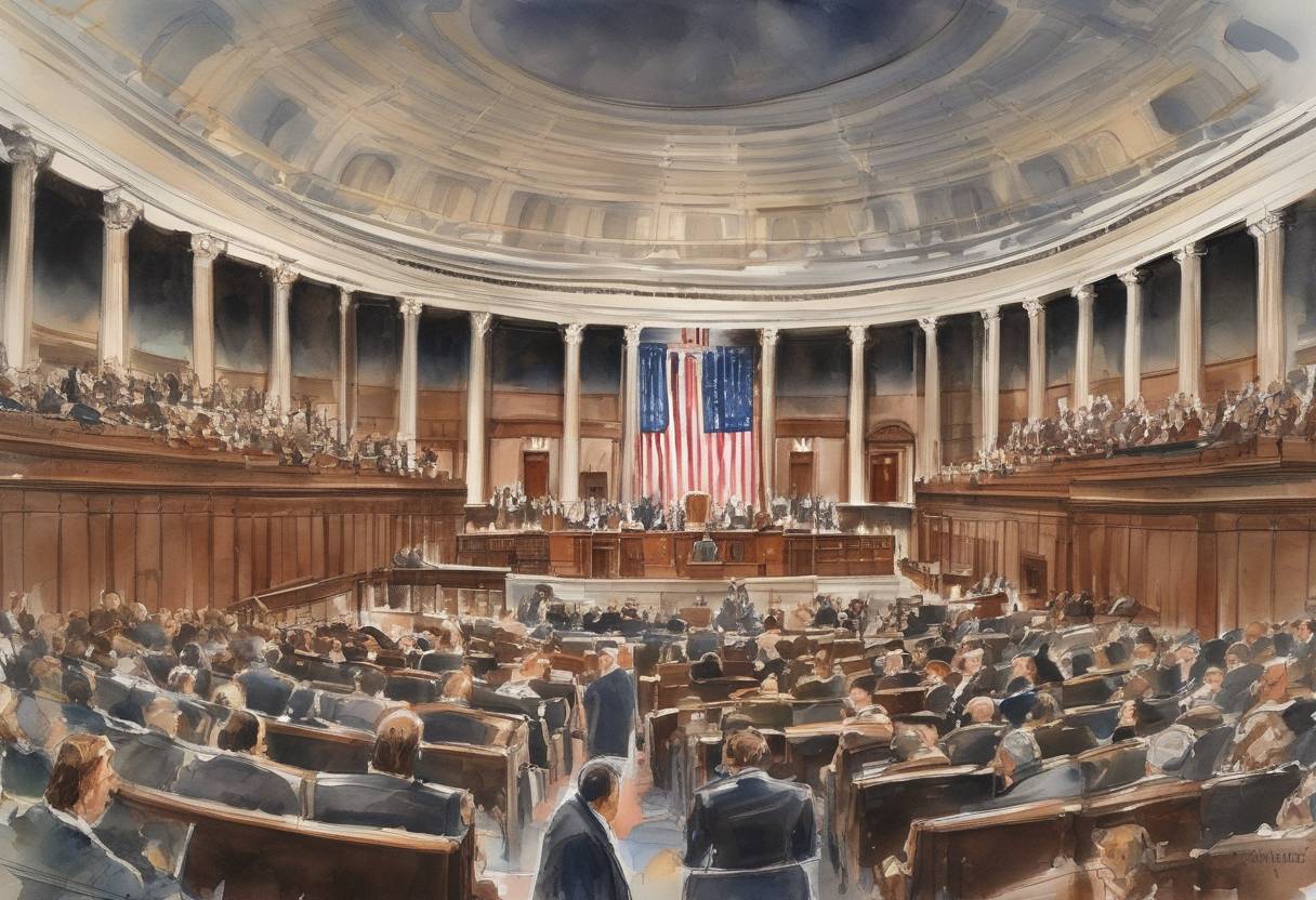 Watercolor painting based depiction of The United States House of Representatives began televising its day-to-day business, increasing transparency in government proceedings. (1979)