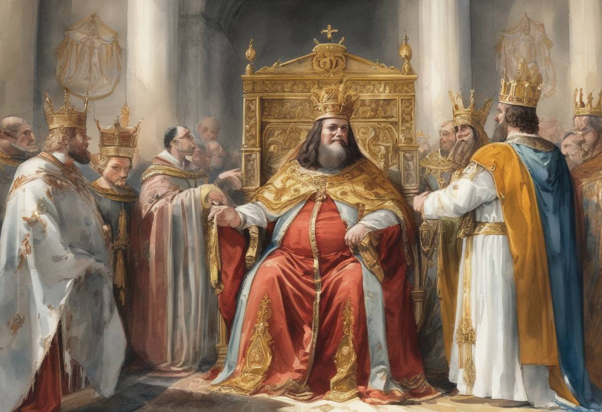 Watercolor painting based depiction of King Charles the Fat is crowned as the Holy Roman Emperor by Pope Adrian III, continuing the Carolingian dynasty's influence over the empire. (884)