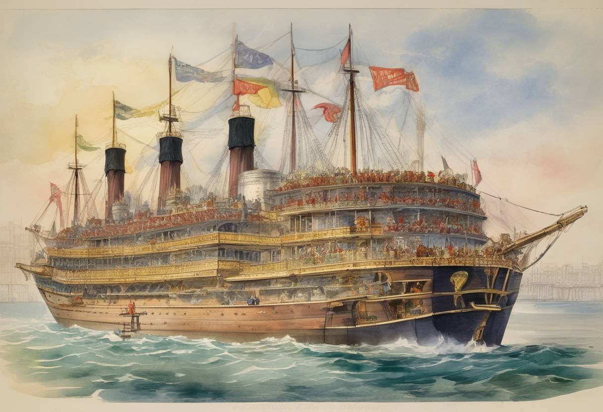 Watercolor painting based depiction of The first performance of Gilbert and Sullivan's comic opera 'H.M.S. Pinafore' took place in London. (1878)