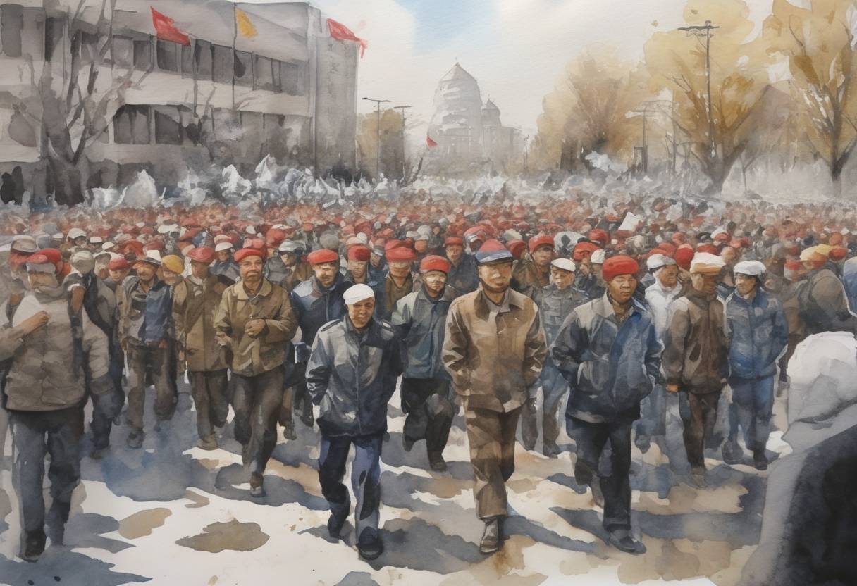 Watercolor painting based depiction of Kyrgyzstan experienced a violent uprising that led to the ousting of President Kurmanbek Bakiyev. The unrest was fueled by public dissatisfaction with corruption and rising utility prices. (2010)