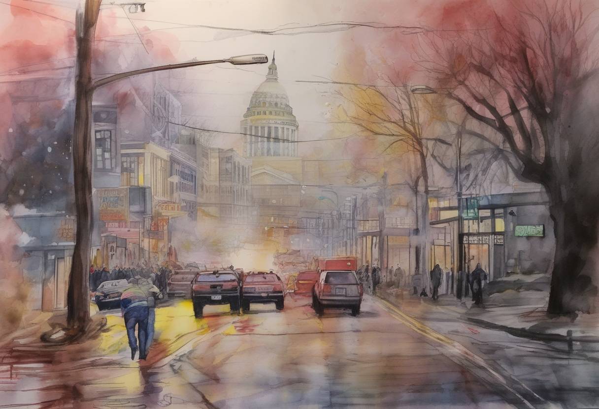 Watercolor painting based depiction of The Capitol Hill massacre occurred when Kyle Aaron Huff opened fire at a rave afterparty in Seattle, Washington, killing six people and wounding two others before committing suicide. (2006)