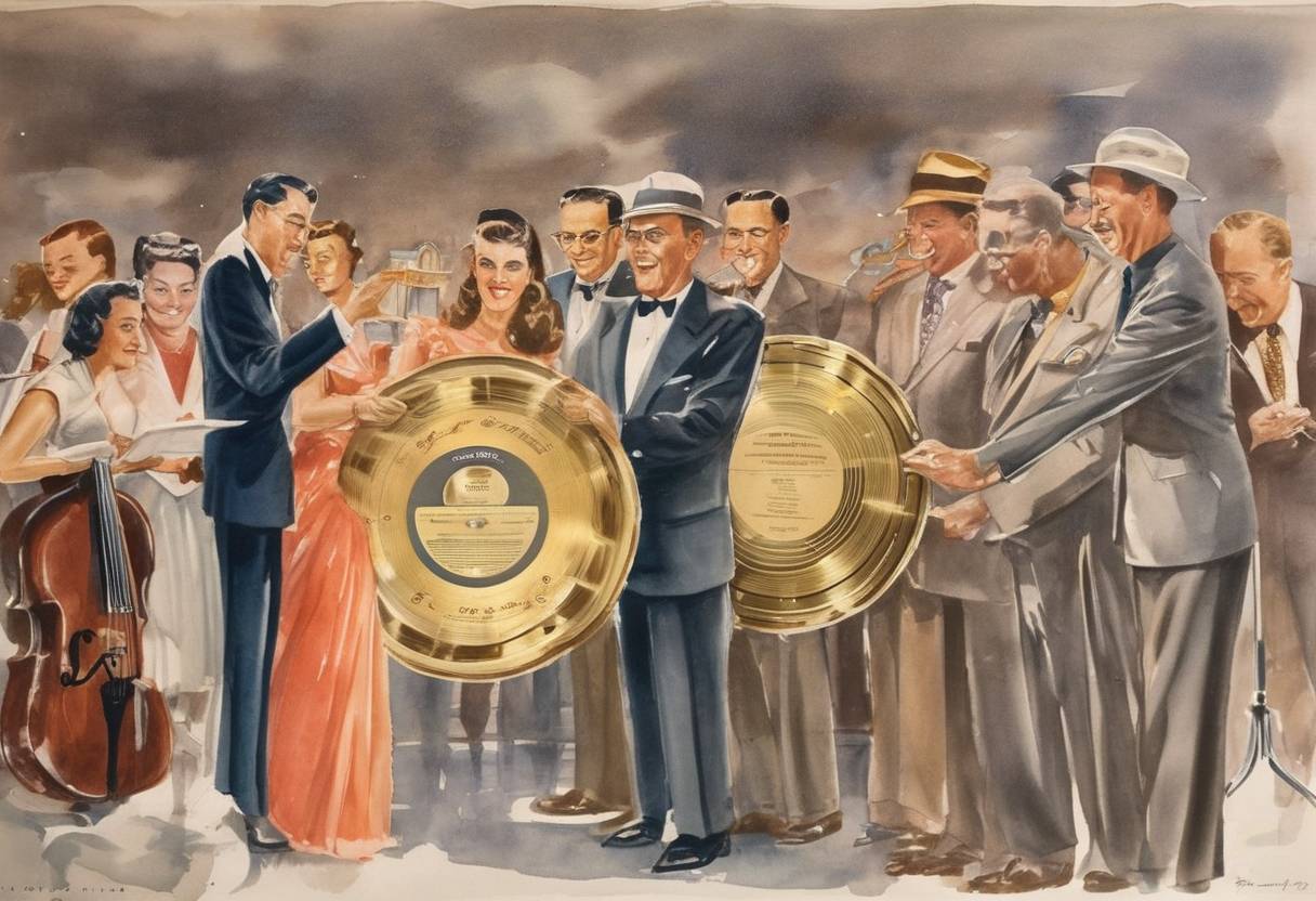 Watercolor painting based depiction of The first gold record is presented to Glenn Miller for "Chattanooga Choo Choo." (1942)