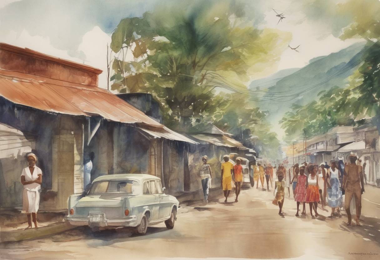 Watercolor painting based depiction of Jamaica gained independence from the United Kingdom, becoming a sovereign nation within the Commonwealth. (1962)