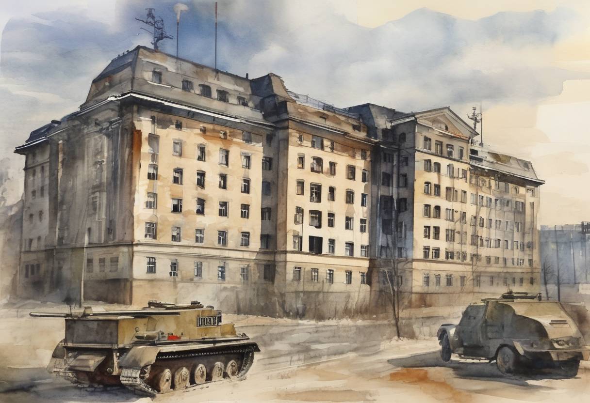 Watercolor painting based depiction of Adolf Hitler moved into the Führerbunker in Berlin, where he would spend the last months of World War II. (1945)