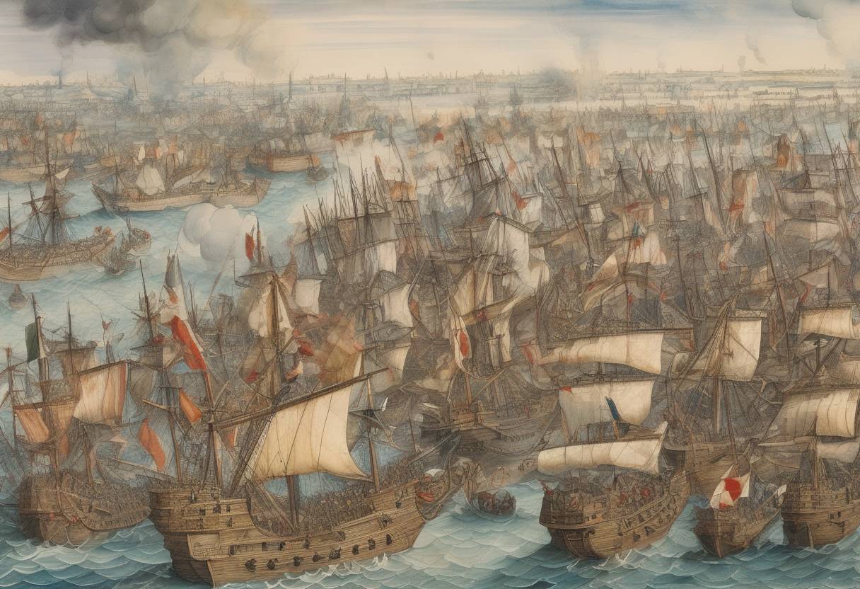 Watercolor painting based depiction of The Battle of Gravelines took place during the Italian War of 1551–1559, where the Spanish forces defeated the French. (1558)