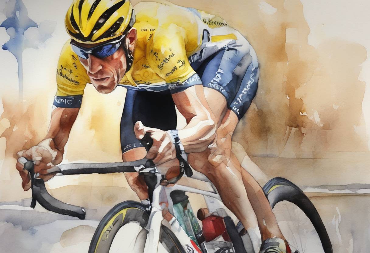 Watercolor painting based depiction of The Court of Arbitration for Sport overturned the lifetime ban of cyclist Lance Armstrong, allowing him to compete in sports other than cycling. (2013)